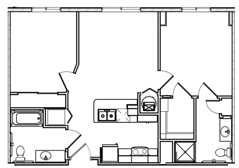 Floor plan for 2 beds, 2 baths, 827 sqft